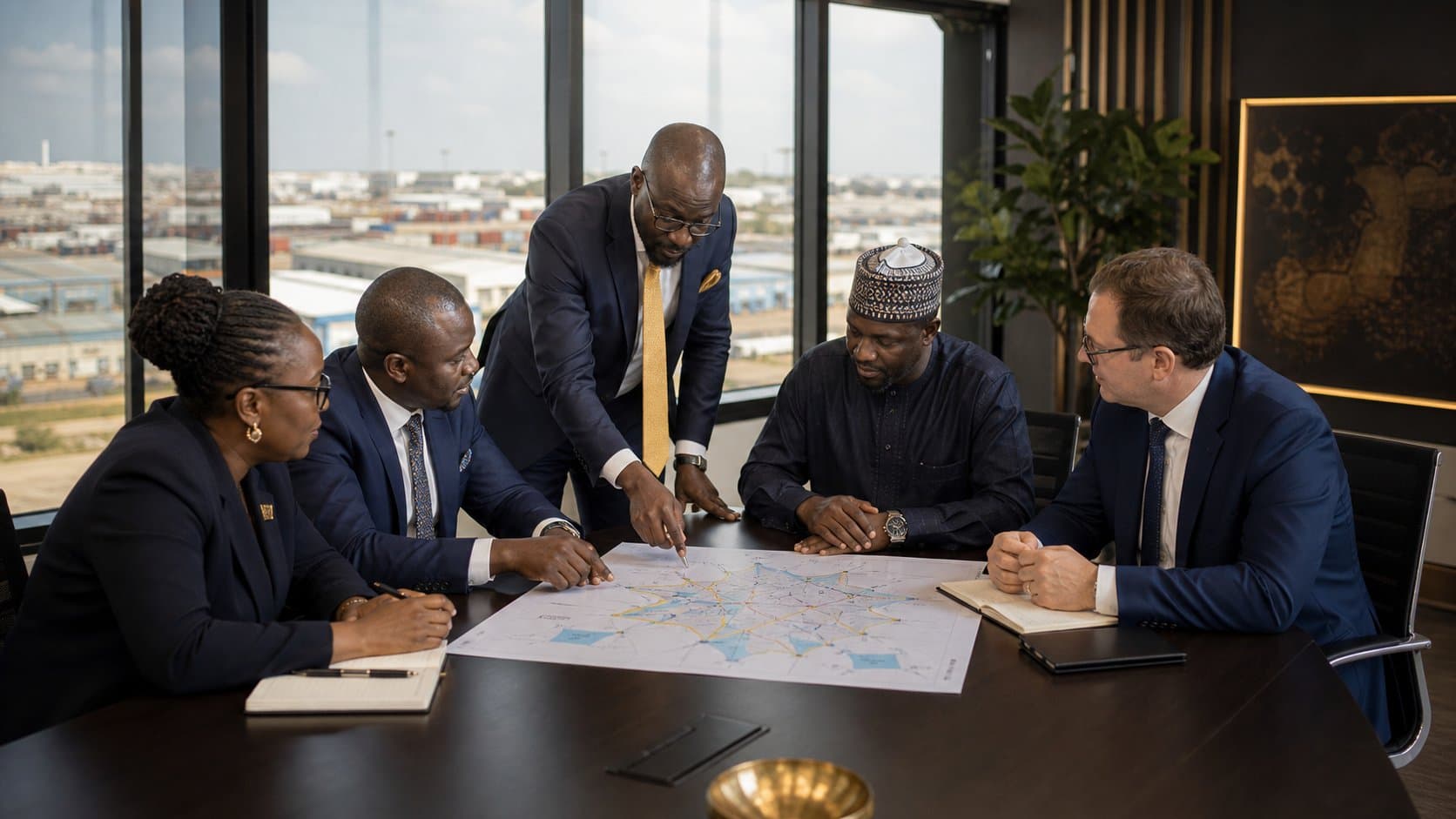 Professionnels africains et partenaire international échangeant autour d’une carte de flux logistiques