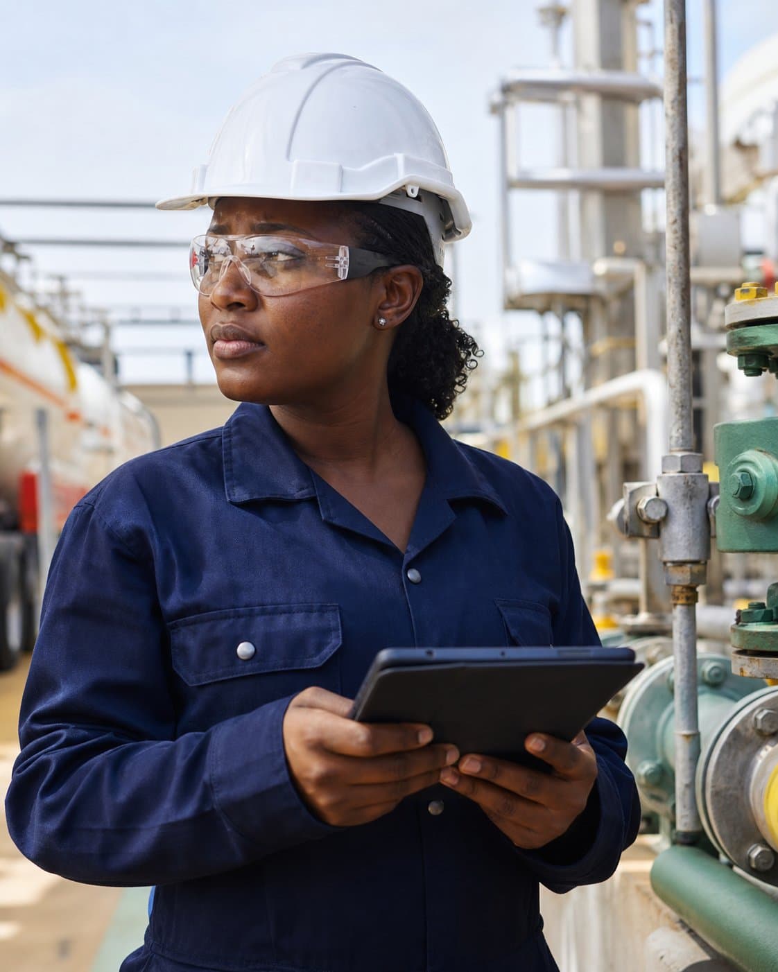 Professionnelle africaine réalisant une inspection de sécurité sur une installation énergétique